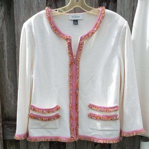 ST. JOHN COLLECTION Cream Skirt Suit Pink trim multi-color fringe 14